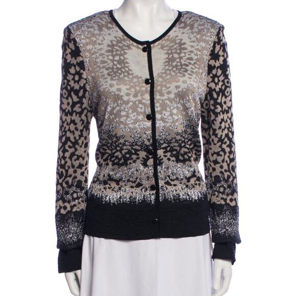 St John Yellow Label Animal Print Cardigan Wool Blend Black Snap Button Medium - Picture 1 of 3